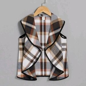 💖 Girl's Plaid Waterfall Collar Contrast Binding Vest Size 7